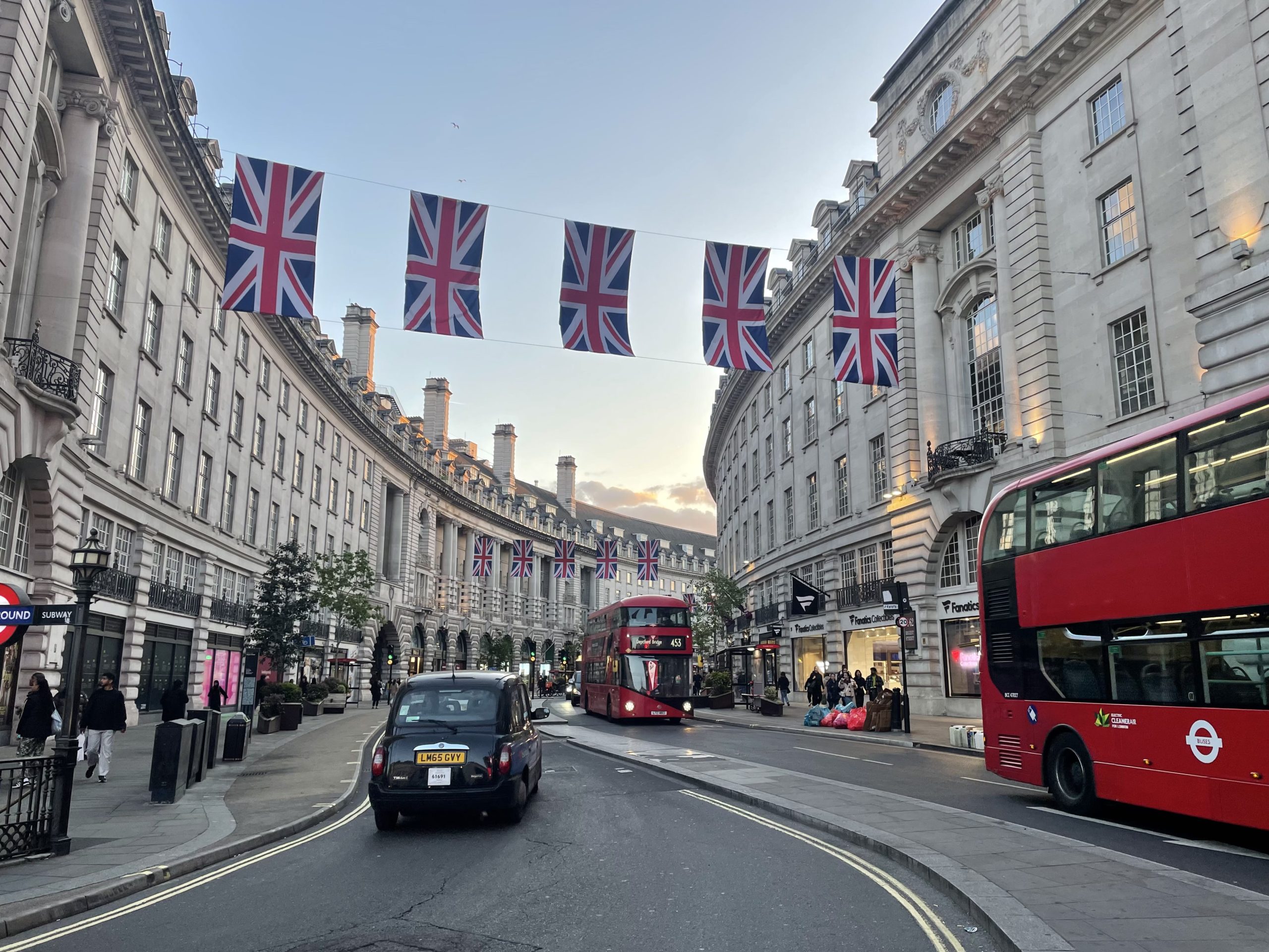 View of Regents Street, London with Union Jack flags.