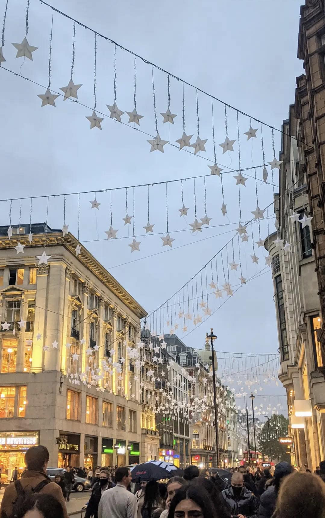 Beautiful picture of London in Winter, Regents Street Christmas lights at dusk