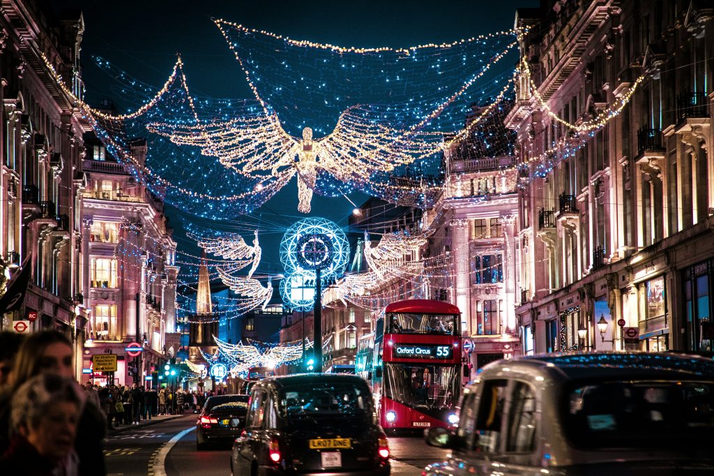 Beautiful picture of London in Winter, Regents Street angel Christmas lights at night