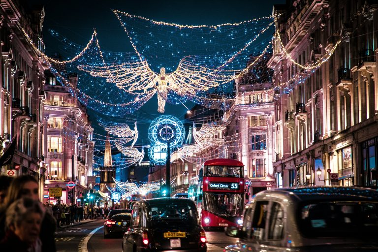 Beautiful picture of London in Winter, Regents Street angel Christmas lights at night