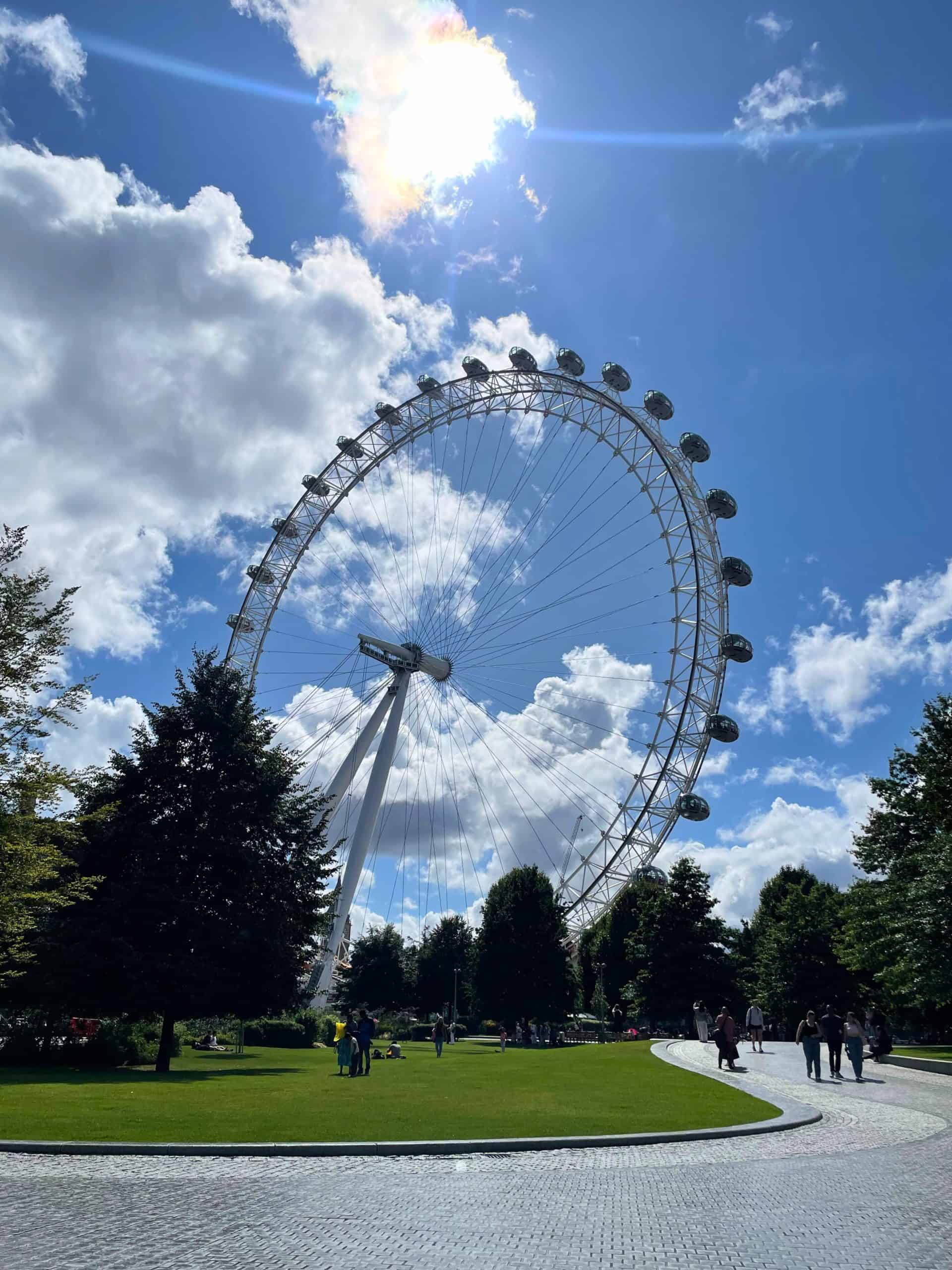 The London Eye pictured on a sunny day from a nearby park