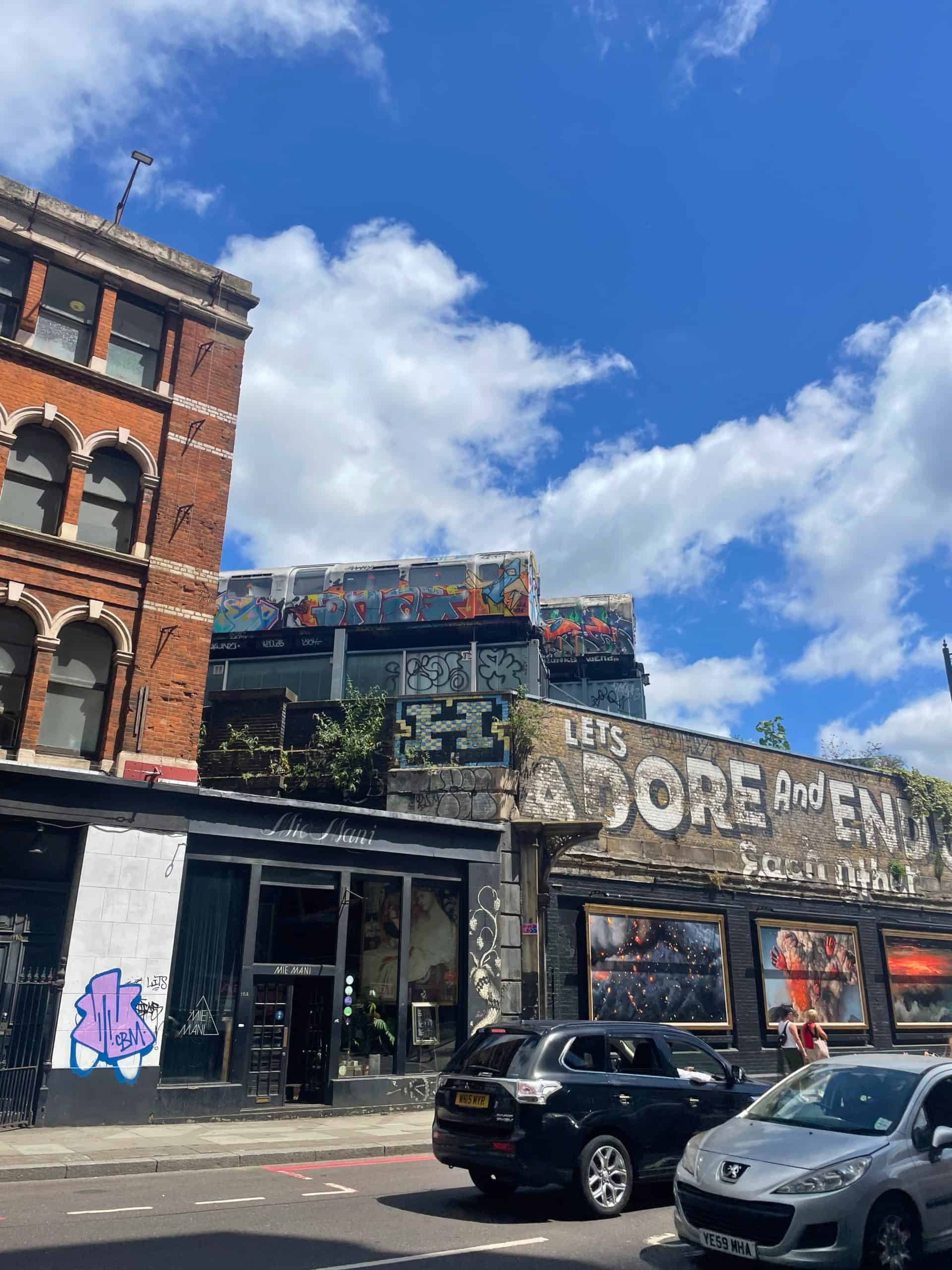 A view of graffiti in Shoreditch on train carriage and walls