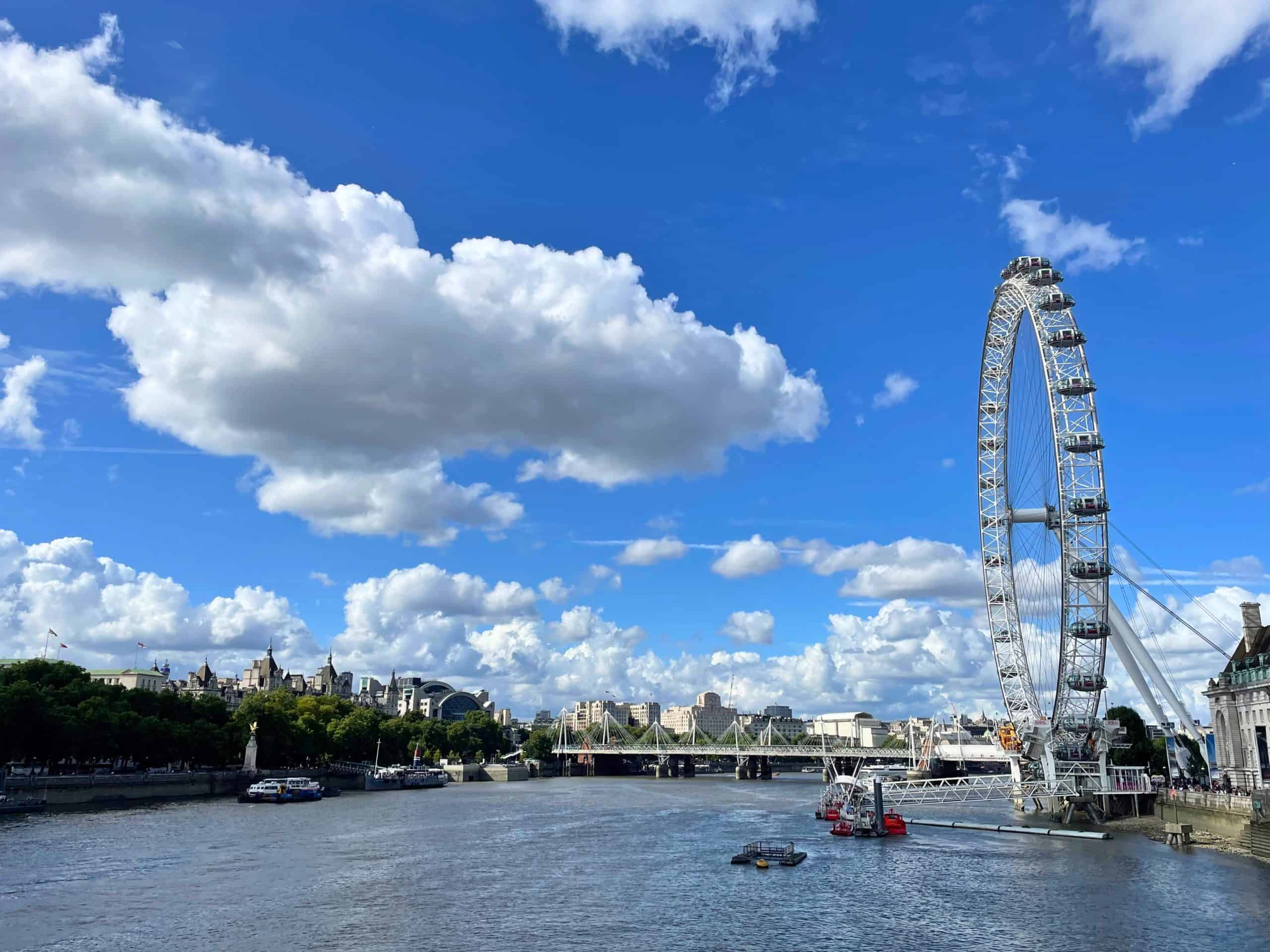 View of the Thames river and the London Eye from Westminster Bridge