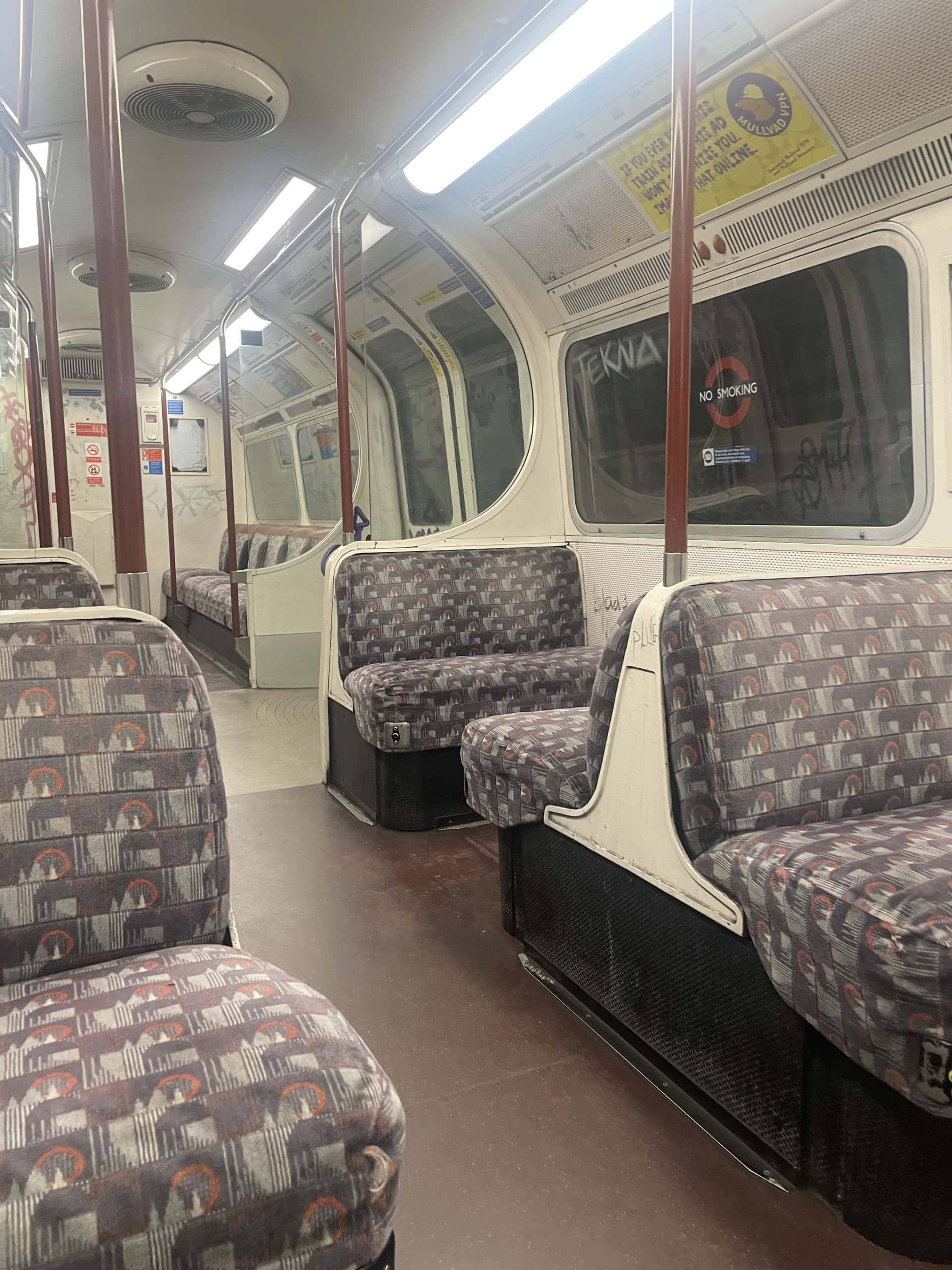 A carriage on a train on the Bakerloo Line in London