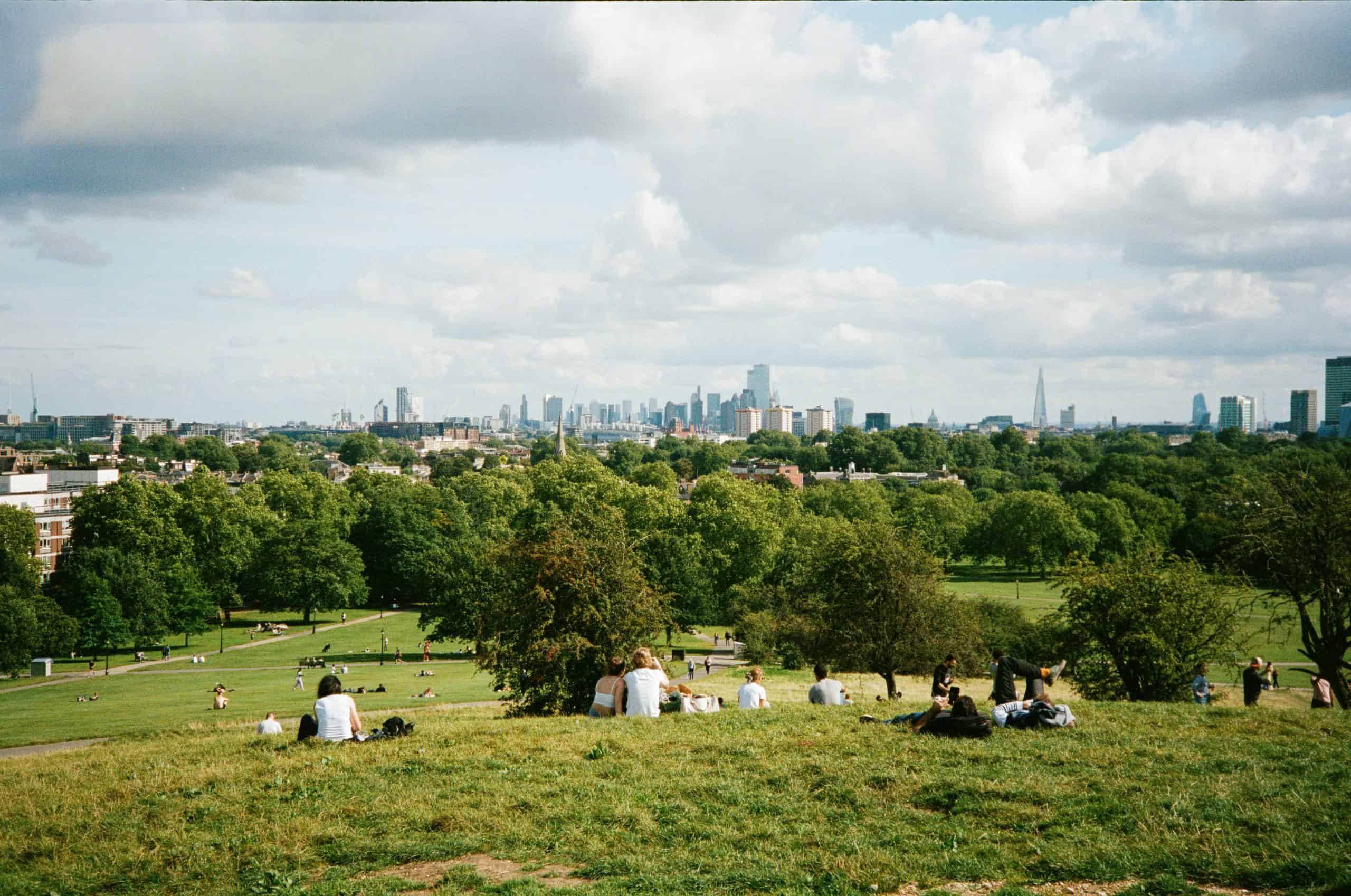 View over London from Primrose Hill – one of the best areas to stay in London for park lovers
