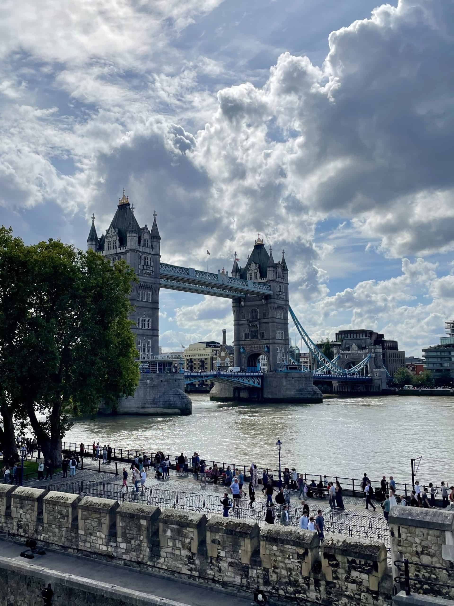 View of Tower Bridge and the Thames River from the Tower of London battlements. 
