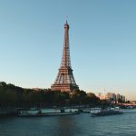 View of the Eiffel Tower at dusk in Paris