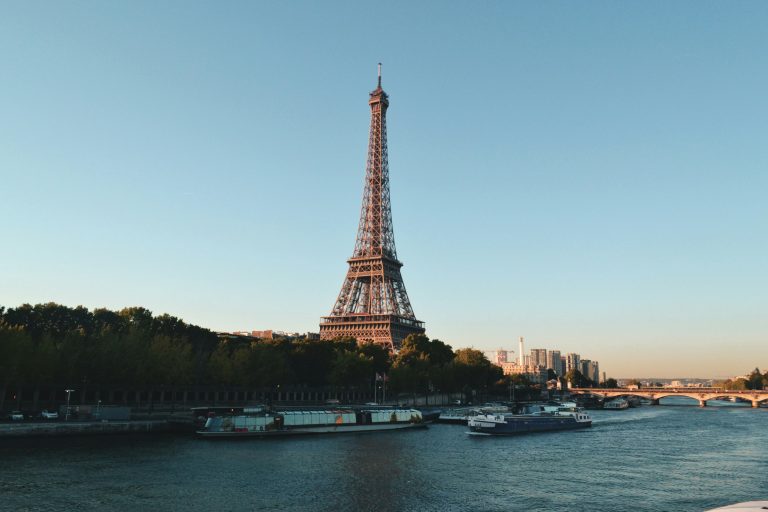 View of the Eiffel Tower at dusk in Paris