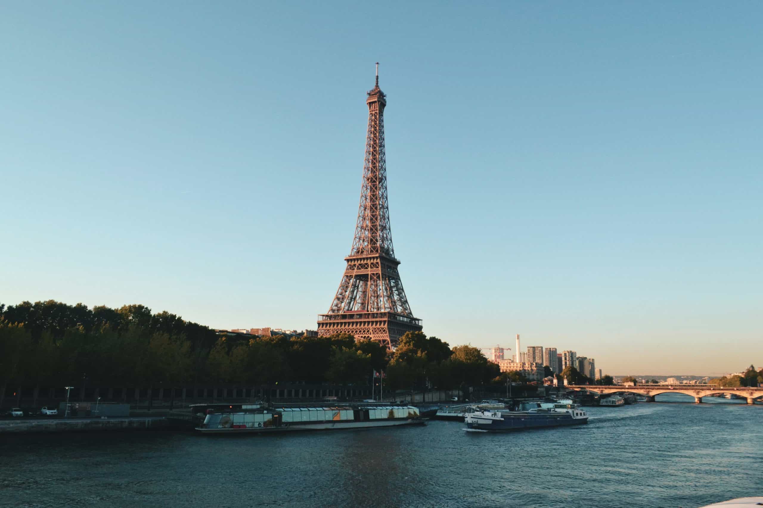 View of the Eiffel Tower at dusk in Paris