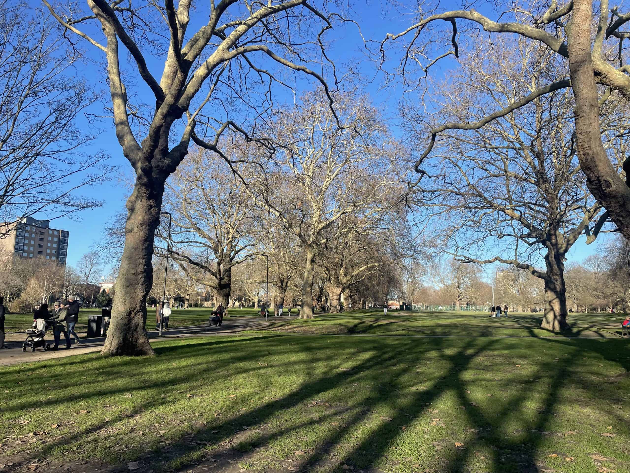 London Fields Park in Hackney, East London on a sunny day.