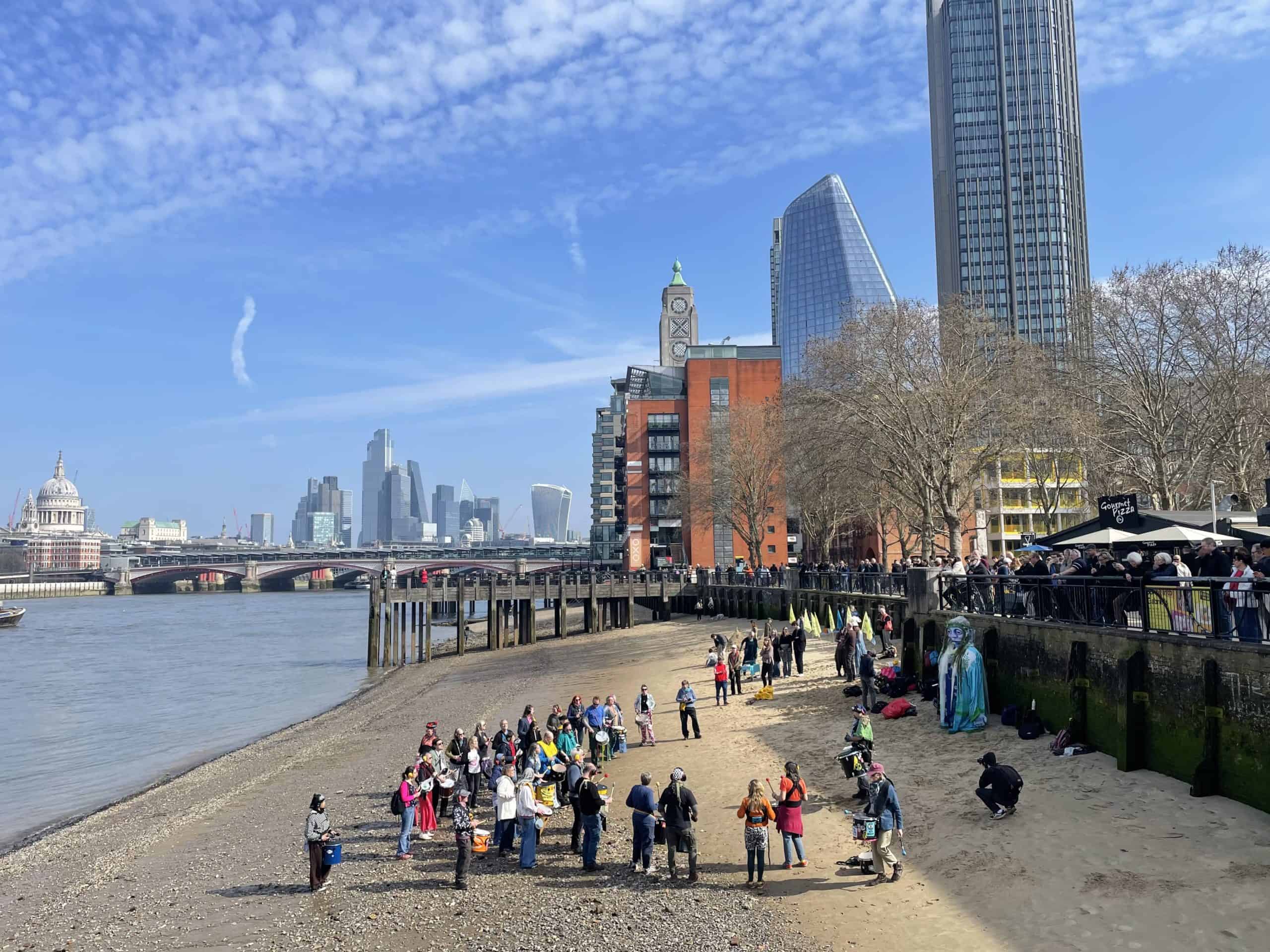 The Thames River beach on Southbank in London on a sunny day
